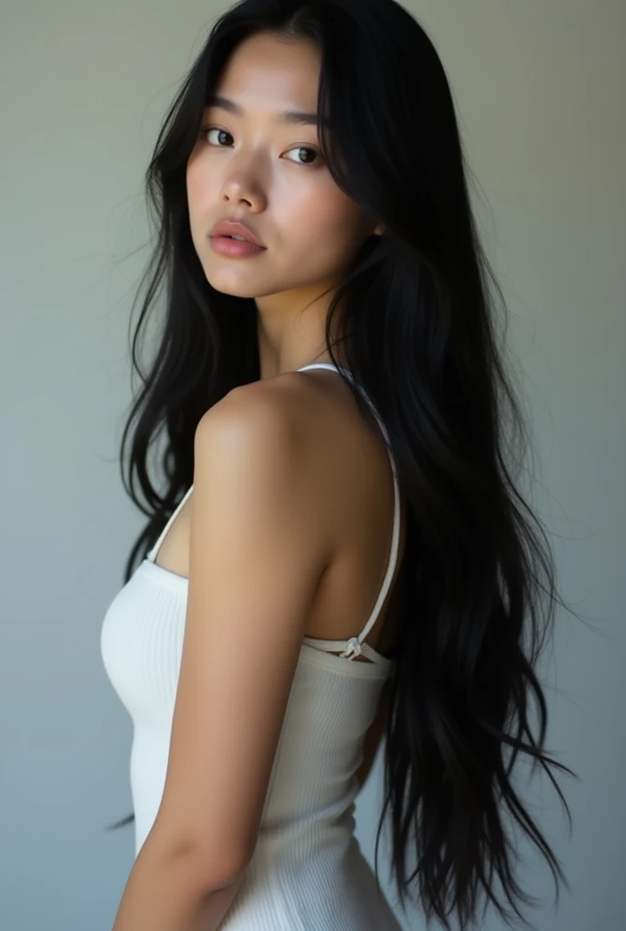 white girl with black hair full body.
