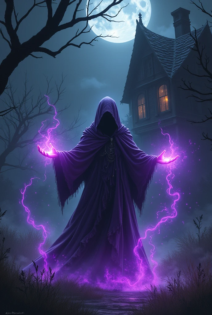 magic witch , purple ray, dark house, night
