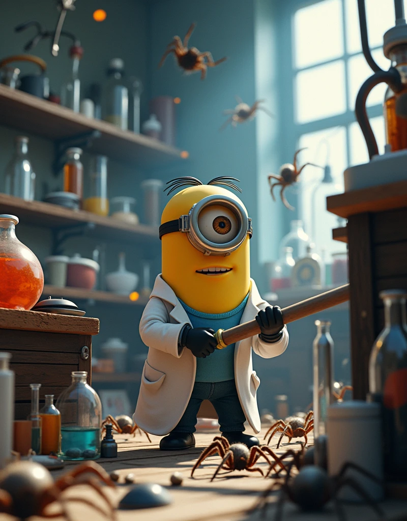 Minion Kevin in a scientist suit pushes a large machine towards the spiders, create a small explosion. The lab was in chaos with equipment scattered everywhere.. Trong rất căn thẳng