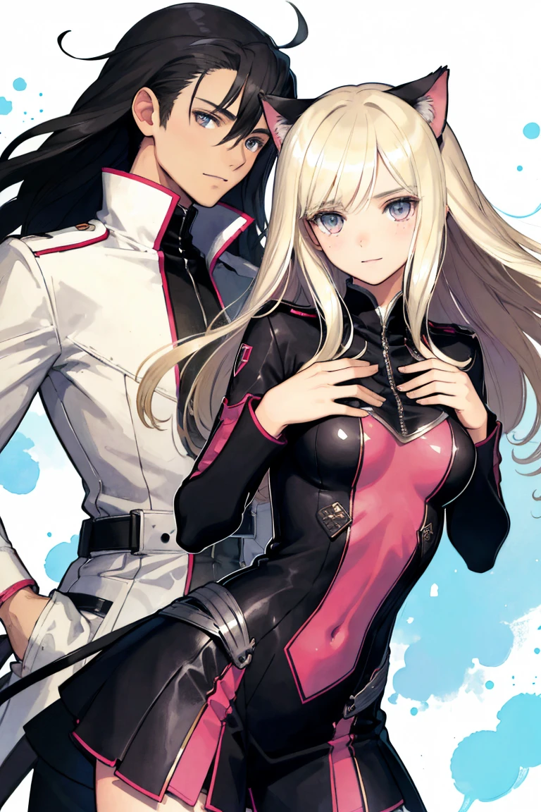 man and woman, couple, love, mature, a cat woman, she has freckles, she has dark brown eyes and an upturned nose, she is happy and smiling, she has long wavy hair, black hair, she is wearing aviator sunglasses with clear lenses in a soft watercolor style. The girl's clothes must be pink, purple, and blue in celebration of the bisexual, with stains of ink and watercolor mixing and filling the scene. he has blonde hair, he is handsome, he is slim. There should be a subtle, nuanced change in colors using the impasto technique with gouache paint. There should be a light rain in the watercolor painting with a little watercolor paper texture and a pastel background.