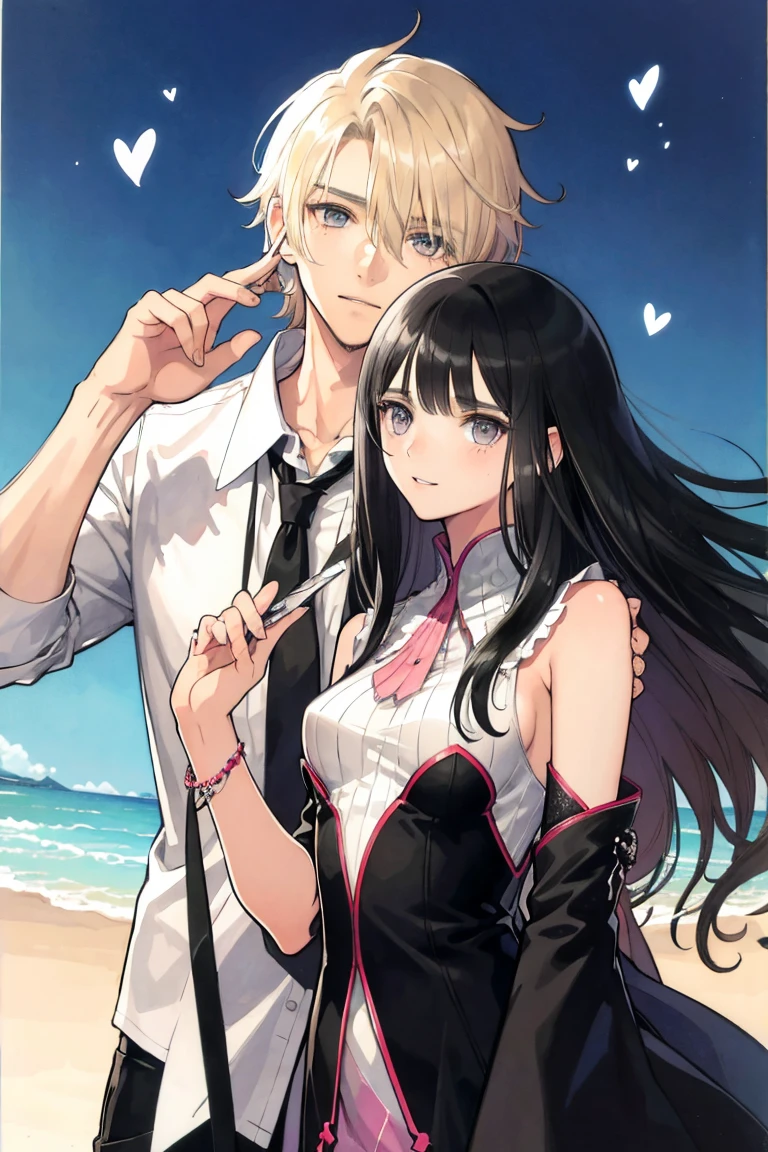 man and woman, couple, love, mature, a cat woman, she has freckles, she has dark brown eyes and an upturned nose, she is happy and smiling, she has long wavy hair, black hair, she is wearing aviator sunglasses with clear lenses in a soft watercolor style. The girl's clothes must be pink, purple, and blue in celebration of the bisexual, with stains of ink and watercolor mixing and filling the scene. he has blonde hair, he is handsome, he is slim. There should be a subtle, nuanced change in colors using the impasto technique with gouache paint. There should be a light rain in the watercolor painting with a little watercolor paper texture and a pastel background.