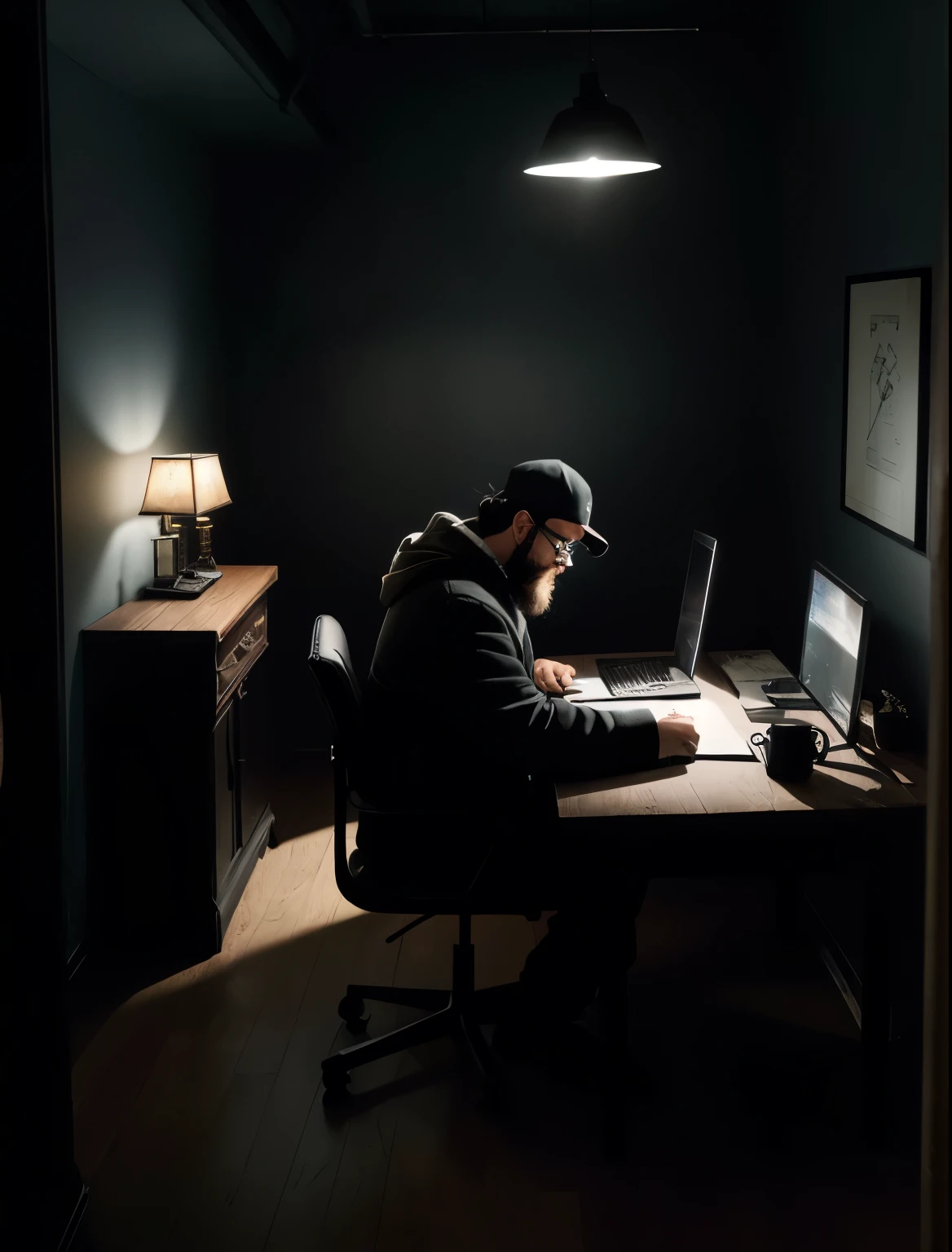 In a dark, dimly lit room, a young man of around 75 kg sits at a large, worn wooden table against the left wall. His hair is closely cropped to about 1 cm in length, mostly hidden under a black cap with a New York emblem. Viewed from the side at a distance of about 5 meters, his figure, slightly plump but not overly so, is partially obscured by shadows as he studies with his head bowed low. He has a discreet beard and wears black acetate-rimmed glasses. On the table, two computer screens emit a faint glow—one centered and the other slightly to the left—casting a soft light in the otherwise dark room. To the right of the table, a mattress lies on the floor, barely visible in the dim light. The room is illuminated only by a few flickering candles placed on the table, their light casting long, eerie shadows that highlight the somber, oppressive atmosphere. The focus is on the dark, enclosed space where the faint glow from the screens and candles emphasizes the loneliness and isolation of the setting.