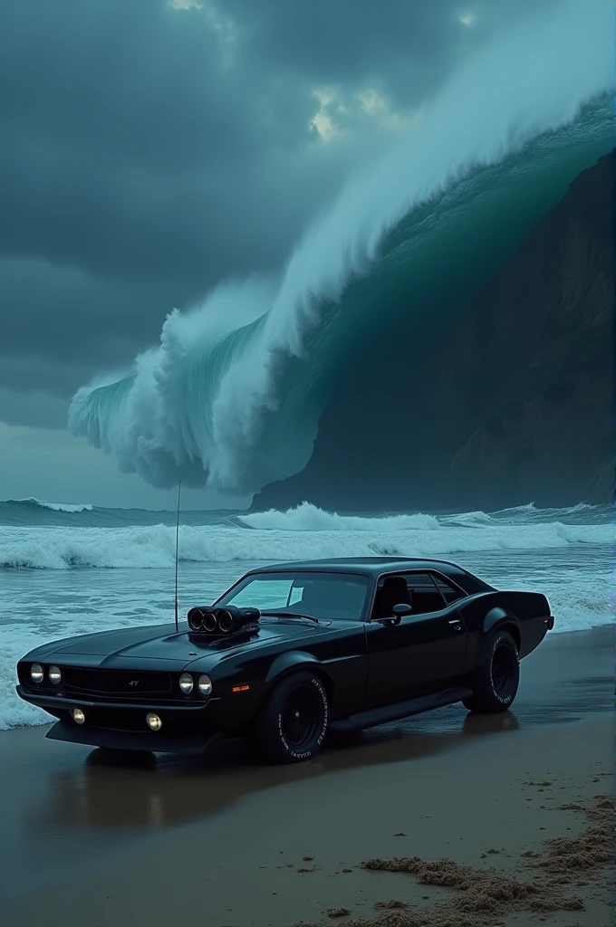 A black  gangster car packed on a beach start a tsunami in night 
