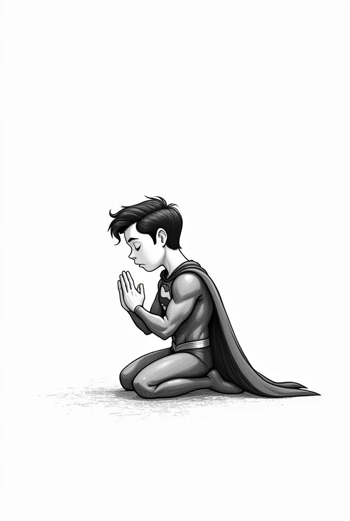 Create an illustration for children. Superman on his knees with eyes closed praying, Superman praying. Full-body image. white background, with nothing. Imagem uncoloredes, disney pixar style drawing. Masterpiece artwork, best qualityer, hight contrast, uncolored, Boken , style cartoon, Sketch style, black and white without shading, uncolored, no shadow, style cartoon, line art,