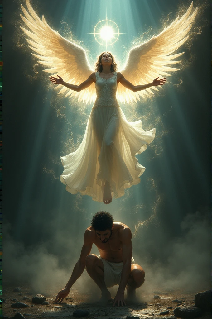 Angel removing evil spirit from man.