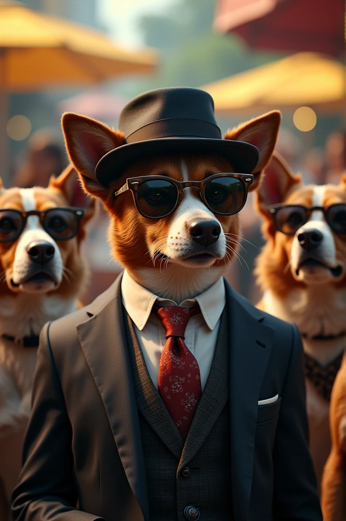 Create a dog in a fancy suit and hat with his other friends in fancy suits and hats as a Pink Blinders style gang, at a Brazilian barbecue