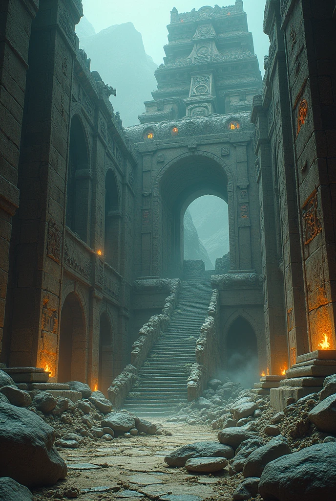 The first cracks appear on the ground, spreading rapidly to nearby structures.
The tremor begins. Cracks run through the citadel, knocking down walls and destroying stairs. The symbols on the stones begin to glow, as if the earth itself were awakening.