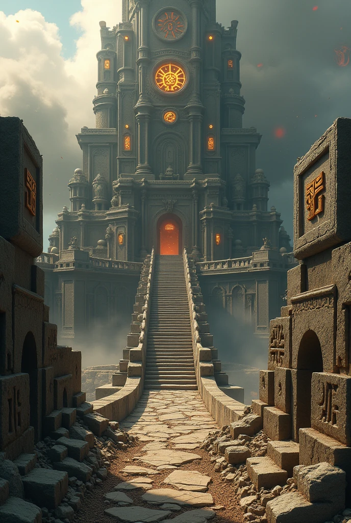 The first cracks appear on the ground, spreading rapidly to nearby structures.
The tremor begins. Cracks run through the citadel, knocking down walls and destroying stairs. The symbols on the stones begin to glow, as if the earth itself were awakening.