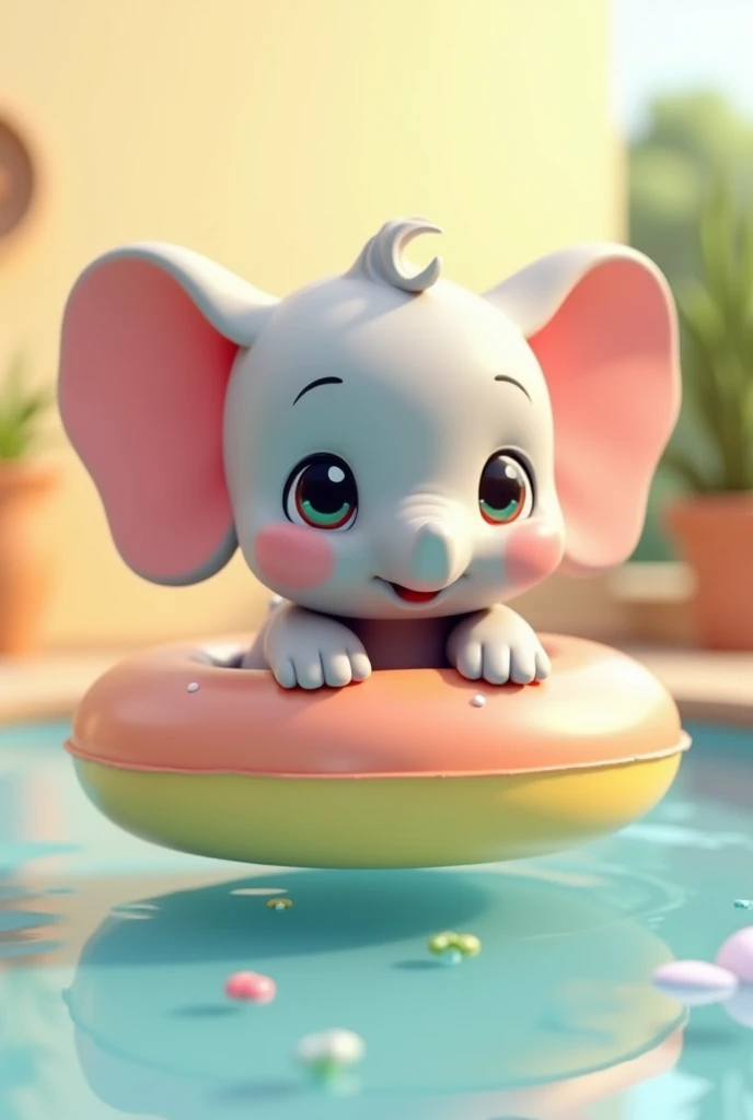 3d, Simple and cute, With gentle colors like a picture book , 8k, Highest quality,cute,Big anime eyes,Cute baby elephant on a swimming ring.,mascot,indoor