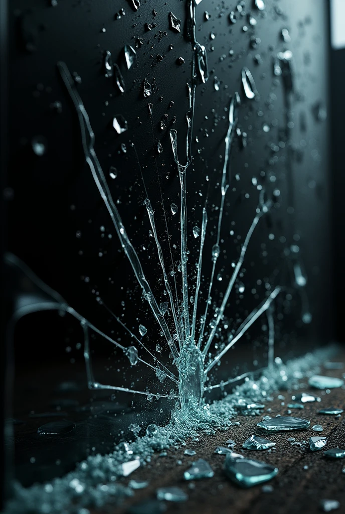 Black glass shattered by bullets near camera.