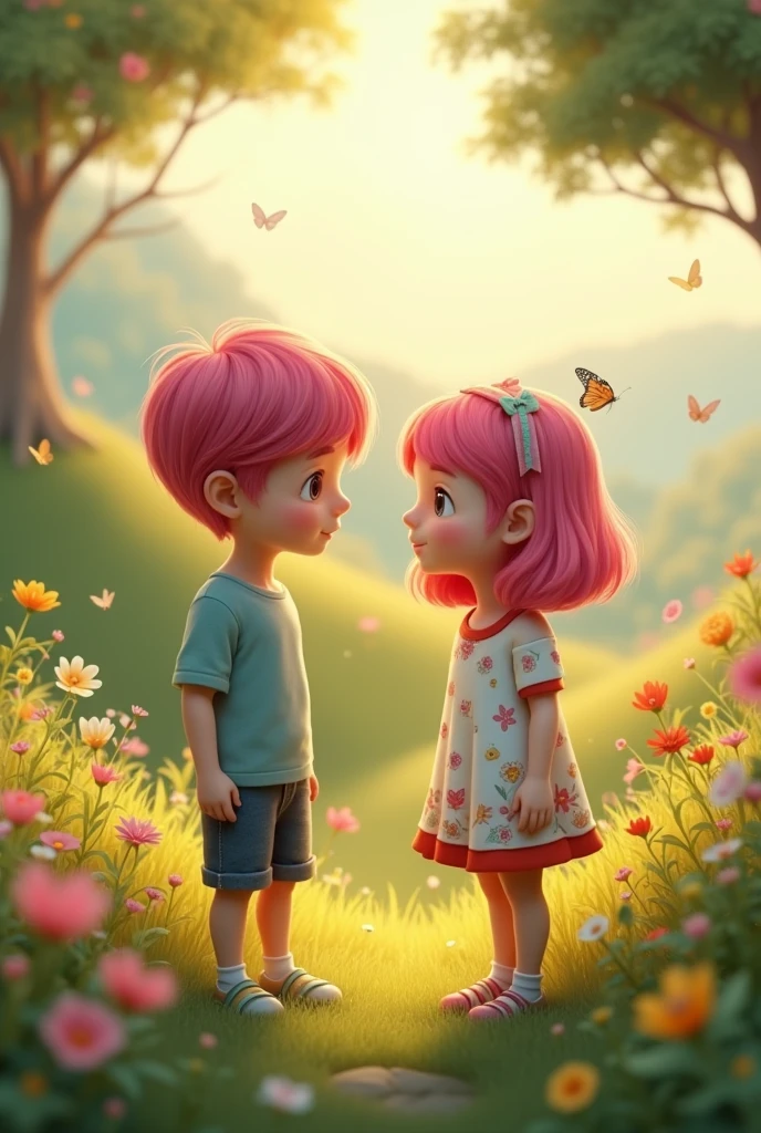 A girl with pink hair with a boy 