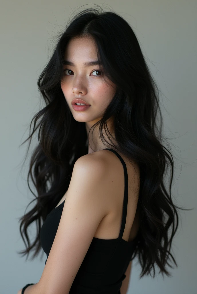 white girl with black hair full body.