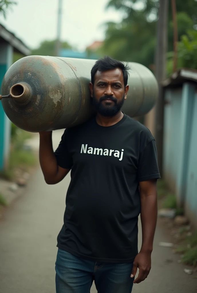 A man holding oxygen big size cylinder wearing black t-shirt written Namaraj On it