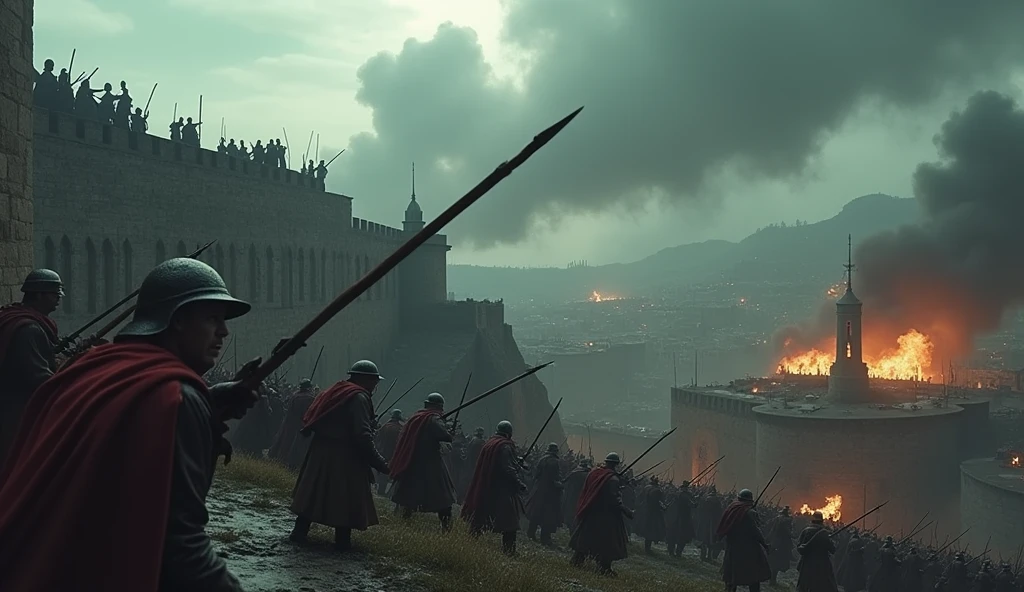 Capture a cinematic and dark scene of a medieval siege on a fortified city. The setting is a grim, overcast day with thick, ominous clouds hanging low. The city walls, weathered and imposing, are under relentless assault. Massive siege engines like trebuchets and battering rams launch projectiles, shattering stone and timber. Arrows rain down from the attackers' positions on the surrounding hills, while defenders on the walls struggle to repel them, their faces grim and determined. Smoke and fire from burning siege towers and catapults engulf the battlefield, adding to the chaos. The streets below are a tumult of soldiers clashing, with the glow of fires casting eerie shadows across the rubble-strewn ground. The scene is marked by tension, destruction, and the grim reality of medieval warfare., Surrealism, Hyperrealism, UHD, retina, masterpiece, accurate, anatomically correct, textured skin, super detail, 16k