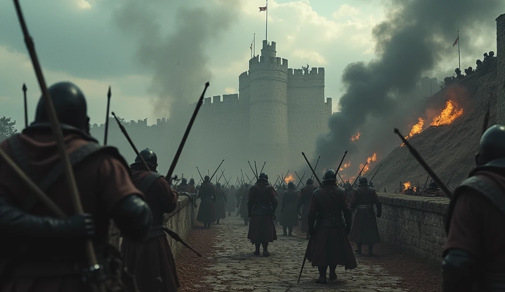 Capture a cinematic and dark scene of a medieval siege on a fortified city. The setting is a grim, overcast day with thick, ominous clouds hanging low. The city walls, weathered and imposing, are under relentless assault. Massive siege engines like trebuchets and battering rams launch projectiles, shattering stone and timber. Arrows rain down from the attackers' positions on the surrounding hills, while defenders on the walls struggle to repel them, their faces grim and determined. Smoke and fire from burning siege towers and catapults engulf the battlefield, adding to the chaos. The streets below are a tumult of soldiers clashing, with the glow of fires casting eerie shadows across the rubble-strewn ground. The scene is marked by tension, destruction, and the grim reality of medieval warfare., Surrealism, Hyperrealism, UHD, retina, masterpiece, accurate, anatomically correct, textured skin, super detail, 16k