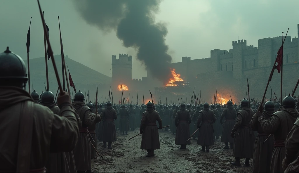 Capture a cinematic and dark scene of a medieval siege on a fortified city. The setting is a grim, overcast day with thick, ominous clouds hanging low. The city walls, weathered and imposing, are under relentless assault. Massive siege engines like trebuchets and battering rams launch projectiles, shattering stone and timber. Arrows rain down from the attackers' positions on the surrounding hills, while defenders on the walls struggle to repel them, their faces grim and determined. Smoke and fire from burning siege towers and catapults engulf the battlefield, adding to the chaos. The streets below are a tumult of soldiers clashing, with the glow of fires casting eerie shadows across the rubble-strewn ground. The scene is marked by tension, destruction, and the grim reality of medieval warfare., Surrealism, Hyperrealism, UHD, retina, masterpiece, accurate, anatomically correct, textured skin, super detail, 16k