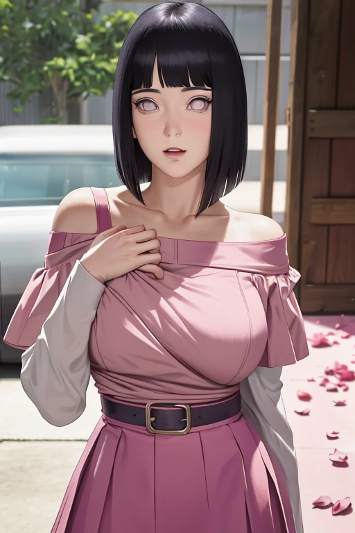masterpiece, absurdres, hinata\(boruto\), 1girl, solo,mature female, off-shoulder strap bra, high waist short skirt, looking at viewer, (falling petals), perfect composition, detailed lips, big breast, beautiful face, body propotion, blush, (pink lips), long hair, purple eyes, soft gaze, super realistic, detailed, photoshoot, realistic face and body,