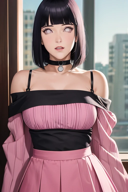 masterpiece, absurdres, hinata\(boruto\), 1girl, solo,mature female, off-shoulder strap bra, high waist short skirt, looking at viewer, (falling petals), perfect composition, detailed lips, big breast, beautiful face, body propotion, blush, (pink lips), long hair, purple eyes, soft gaze, super realistic, detailed, photoshoot, realistic face and body,