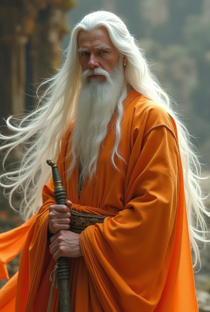 A man with white white in colour orange clothes wearing with long hairs warped up and long eyes with beautiful eye lashes along with holding and danush in his hand