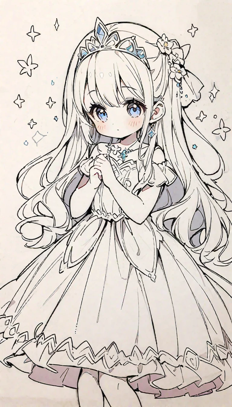 Fantasy princess character coloring book images。A princess in a simple dress and a tiara、There are few fine decorations、Easy-to-paint design for children。Line art、Monochrome、flower、lake、birdie