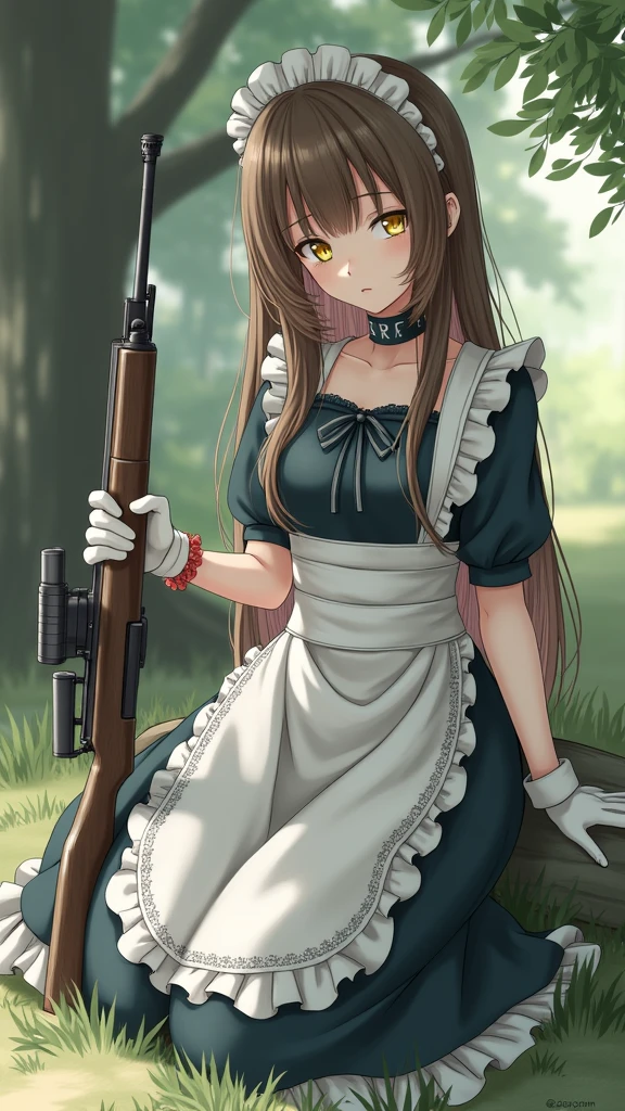 anime character with long hair in maid dress holding a heavy rilfe and black gloves, (hair swept bangs:1.3), (long brown hair:1.3), 1girl, solo, long hair, looking at viewer, bangs, brown hair, yellow eyes, gloves, long sleeves, dress, ribbon, holding, sitting, weapon, outdoors, frills, choker, white gloves, blunt bangs, holding weapon, mole, apron, black dress, tree, gun, maid, maid headdress, black choker, grass, holding gun, rifle, maid apron, cigarette, smoking, anime style, from girls frontline, fine details. girls frontline, girls frontline universe, girls frontline style, girls frontline, girls frontline cg, soft anime illustration, 2 0 2 2 anime style, 2022 anime style, pixiv contest winner, pretty anime character design, render of april