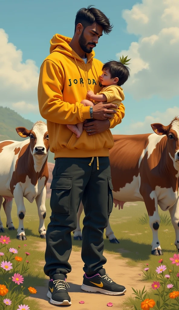 Realistic newly born lord krishna is in hands of a indian 5'10 and skinny man with clean shave face and brown skin colour wearing a jordan logo printed in front yellow hoodie and black cargo jeans and nike shoes (both are surrounded by baby cows) (beautiful) (flowers on ground)