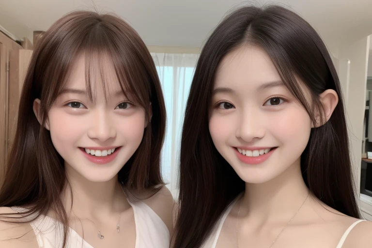 (realistic、masterpiece、Best Quality、8K、highres、high resolution:1.3)、two women in white bikini posing for a picture, with a twin, two girls, sakimichan, twins, beautiful gemini twins portrait, ulzzang, beautiful gemini twins, adult pair of twins, bbwchan, 3/4 bust, cutecore, milky white skin, good young girl, korean girl, yanjun chengt Huge breasts、smile, looking at viewers、super fine face and eyes、long hair、indoor、 upper body、