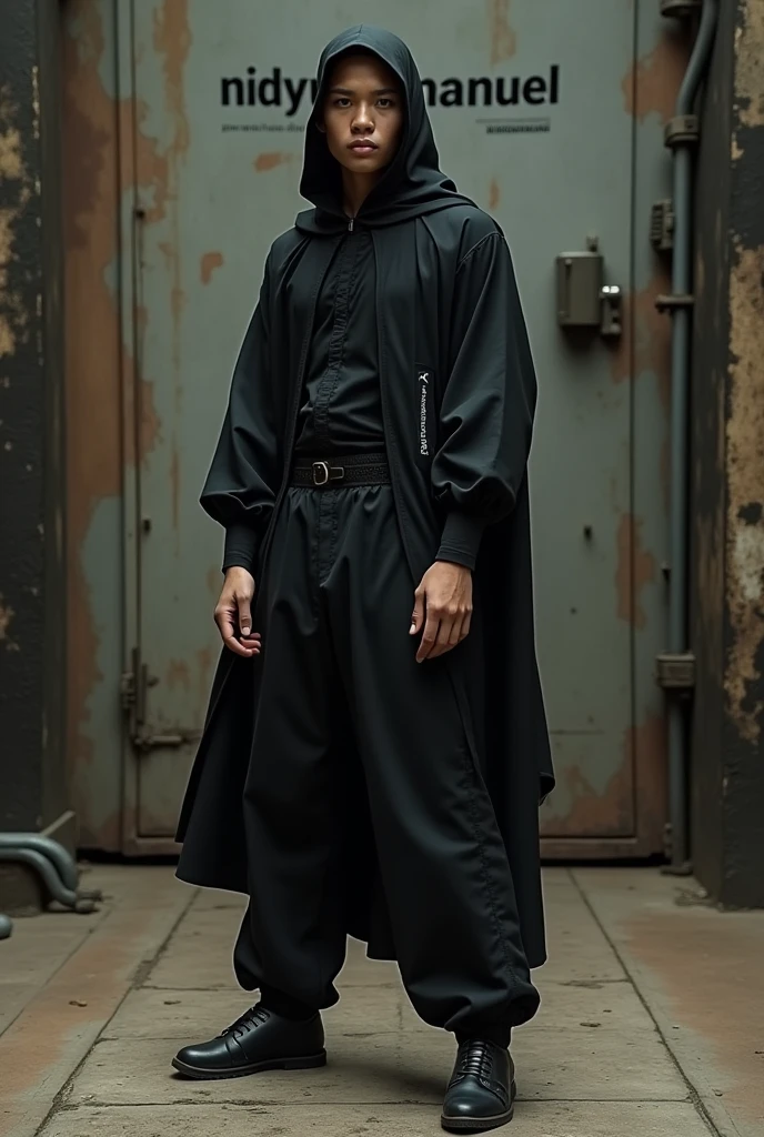 A PSHT Citizen, Black shirt and trousers and a shroud, martial arts, still standing while installing, He is standing on a real text that says Nidyu Manuel.
