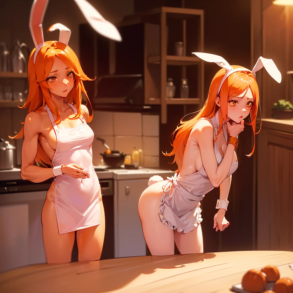 (((1girl, solo, Orihime, Orihime Inoue, bleach, (Orange hair, Orange  eyes, long hair, rabbit ears, White skin), lipstick, fitness)), sensual pose, Beautiful, diamond necklace)), ((solo, 1woman, pink lipstick, Extremely detailed, ambient soft lighting, 4k, perfect eyes, a perfect face, perfect lighting, a 1girl)), austere, ((fitness,, shapely body, athletic body, toned body)), (( pink apron, just wearing an apron, naked, kitchen, household utensils, pans, pots, shelves, counter, sink, bracelets, elegant decor, sexy ))