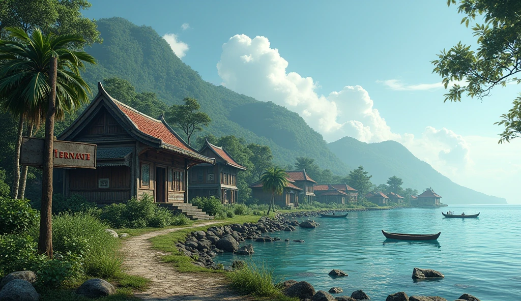 Village from Very ancient Ternate island, Maluku, Indonesia, bay, there is a signpost that says "TERNATE", there is no peoples