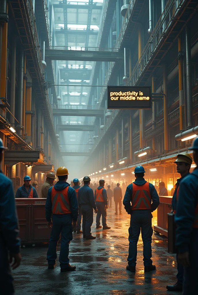 A group of people working in a factory with the text "Productivity is our middle name."