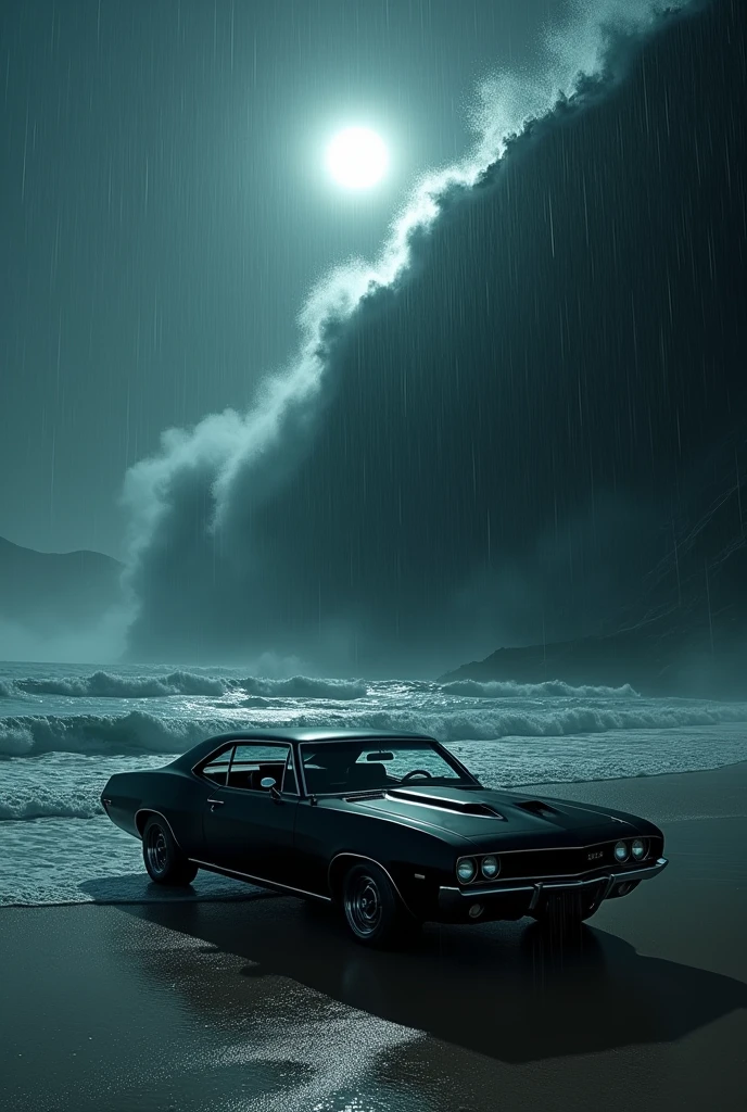 A black  gangster car packed on a beach start a tsunami in night and start a rainfall 
