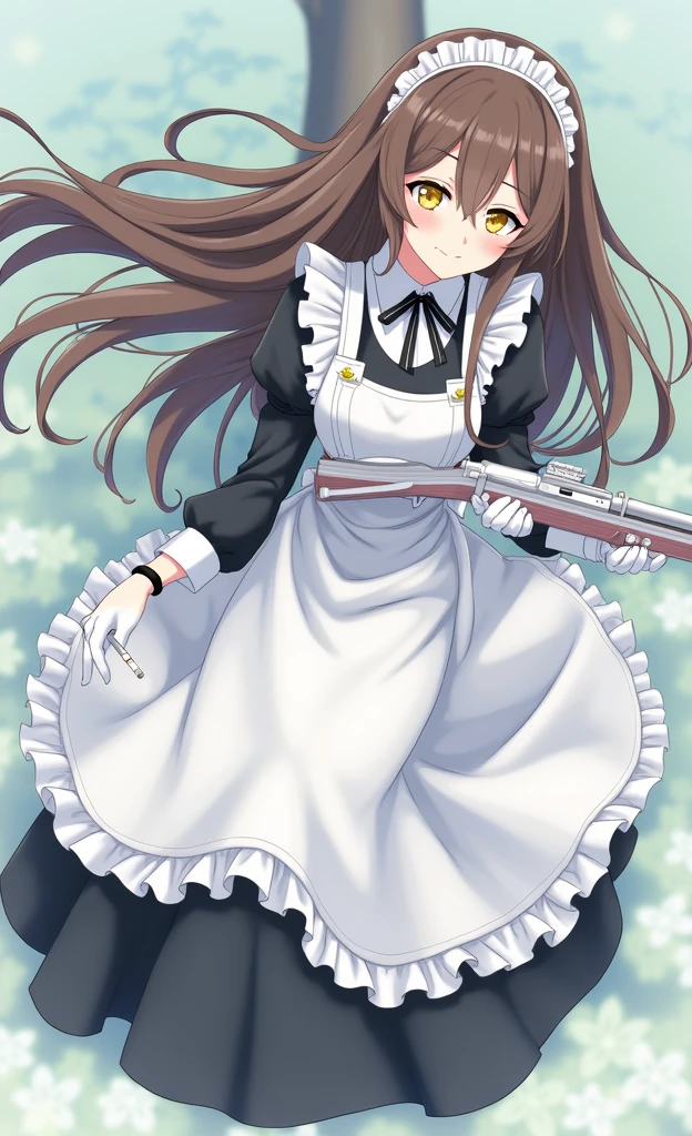 anime character with long hair in maid dress holding a heavy rilfe and black gloves, (hair swept bangs:1.3), (long brown hair:1.3), 1girl, solo, long hair, looking at viewer, bangs, brown hair, yellow eyes, gloves, long sleeves, dress, ribbon, holding, sitting, weapon, outdoors, frills, choker, white gloves, blunt bangs, holding weapon, mole, apron, black dress, tree, gun, maid, maid headdress, black choker, grass, holding gun, rifle, maid apron, cigarette, smoking, anime style, from girls frontline, fine details. girls frontline, girls frontline universe, girls frontline style, girls frontline, girls frontline cg, soft anime illustration, 2 0 2 2 anime style, 2022 anime style, pixiv contest winner, pretty anime character design, render of april