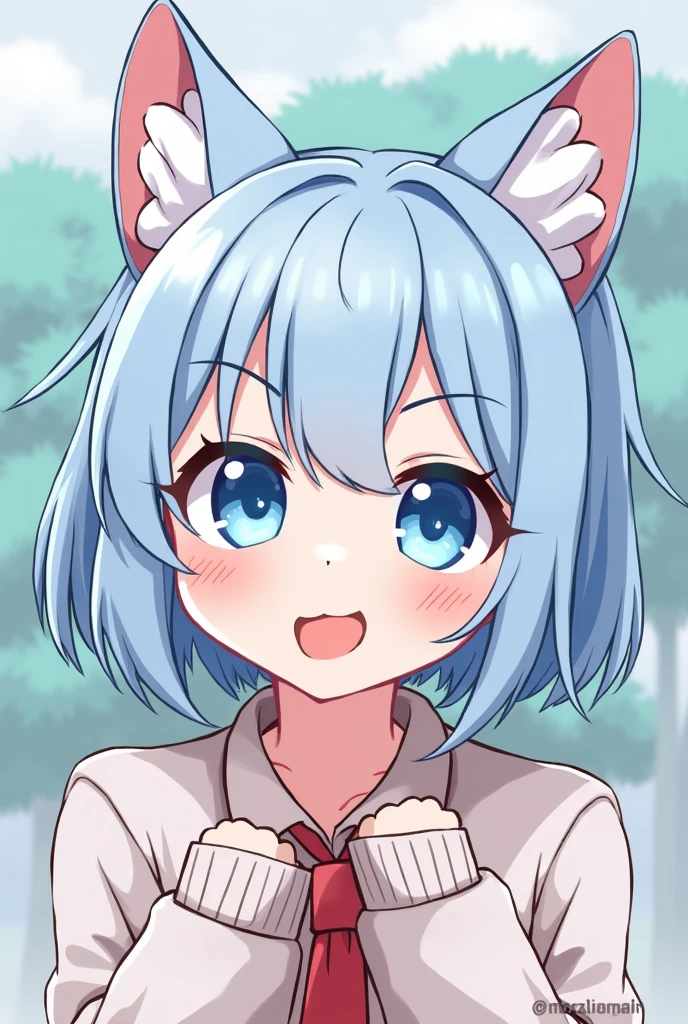 One person, blue eyes, Blue Hair/Light blue hair, Bangs are parted diagonally,Cat ear, Hairstyle: Short,tongue, Bunny ears,