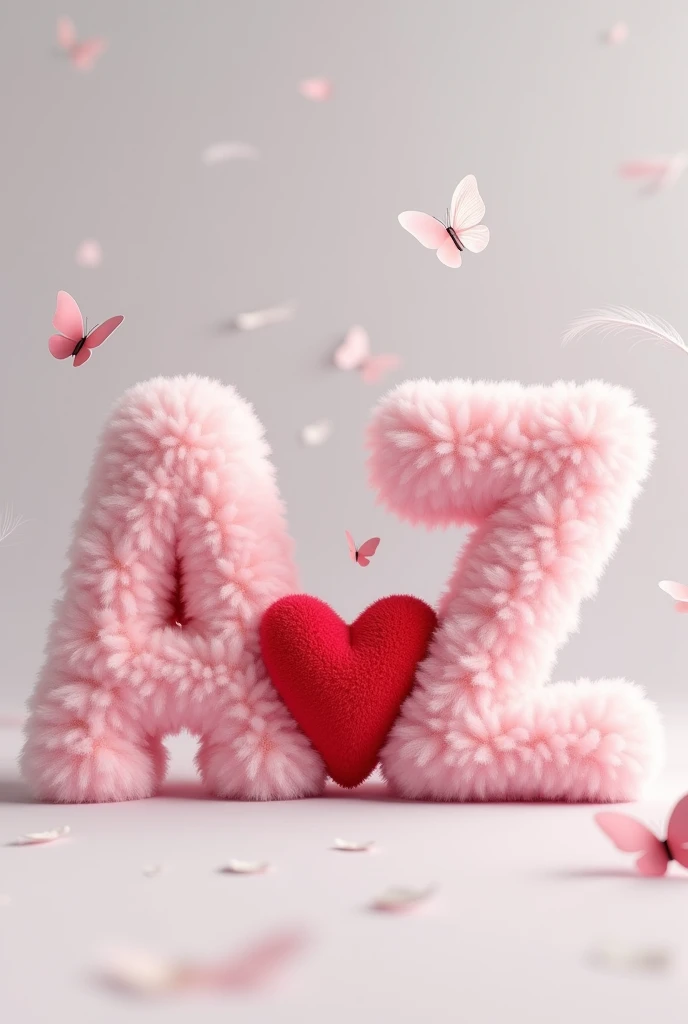 A 3d render of two pink fluffy alphabets "A" and "Z" with a red fluffy heart between both alphabets, a white feather and butterfly, The background is a light gray.