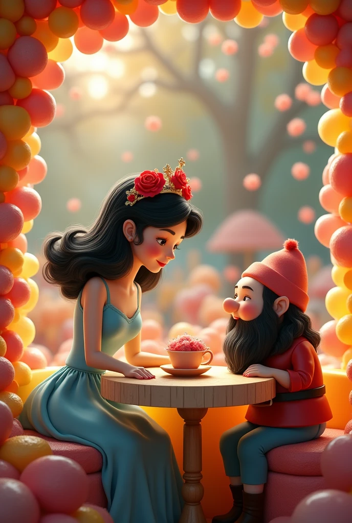 A black-haired princess in a long bob hairstyle, a light blue dress, yellow and red of spring and a tiara of red roses. She is accompanied by a dwarf with black hair and beard wearing a cap.. They are sitting at a table in the cafeteria, the walls and furniture of the coffee shop are made of candy