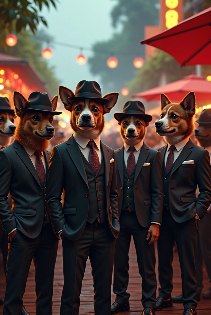 Create a dog in a fancy suit and hat with his other friends in fancy suits and hats as a Pink Blinders style gang, at a Brazilian barbecue, they spot the enemy gang