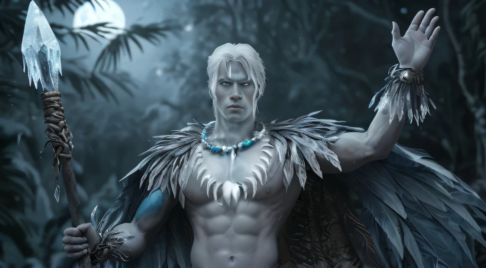 "An image of the Winter God, a formidable and majestic deity standing in the heart of the Amazon rainforest at night, during the winter season. His skin is a tropical Latin tone, glowing faintly under the cool light of the moon. His presence is powerful and otherworldly, blending the primal strength of a jungle warrior with the mystique of a divine being. His hair is stark white, cut in a precise bowl cut that frames his intense, piercing eyes. The contrast between his dark skin and his bright white hair creates a striking and ethereal appearance. The Winter God wears a minimalistic tanga in the style of Tarzan, made from tough, woven fibers, adorned with small, icy blue crystals that shimmer faintly in the moonlight. Draped over his broad shoulders is a magnificent cape or cloak made from the vibrant blue feathers of an arara, flowing down his back like a cascade of frozen water. The feathers reflect the cold moonlight, giving them an almost metallic sheen. The cape’s edges are lined with white frost, emphasizing the coldness that surrounds him.
His muscular chest and arms are bare, showcasing intricate tribal tattoos that spiral across his torso, arms, and back, symbolizing the cycle of life, death, and renewal. Around his neck, he wears a necklace made of jaguar teeth and frosty beads, which clink softly as he moves. His wrists and ankles are adorned with bracelets of woven vines, decorated with sharp icicles that give off a faint glow. In one hand, he holds a long spear tipped with a crystal of pure ice, glistening in the darkness, while his other hand is raised slightly, as if commanding the cold winds around him.The Winter God is captured in an epic pose, standing tall and proud, with one foot forward, as if he’s stepping toward the viewer. His gaze is direct and intense, meeting the viewer’s eyes with an expression of calm dominance and unwavering power. His white hair flows slightly in the night breeze, adding to his imposing presence. The close-up, THE BOWL