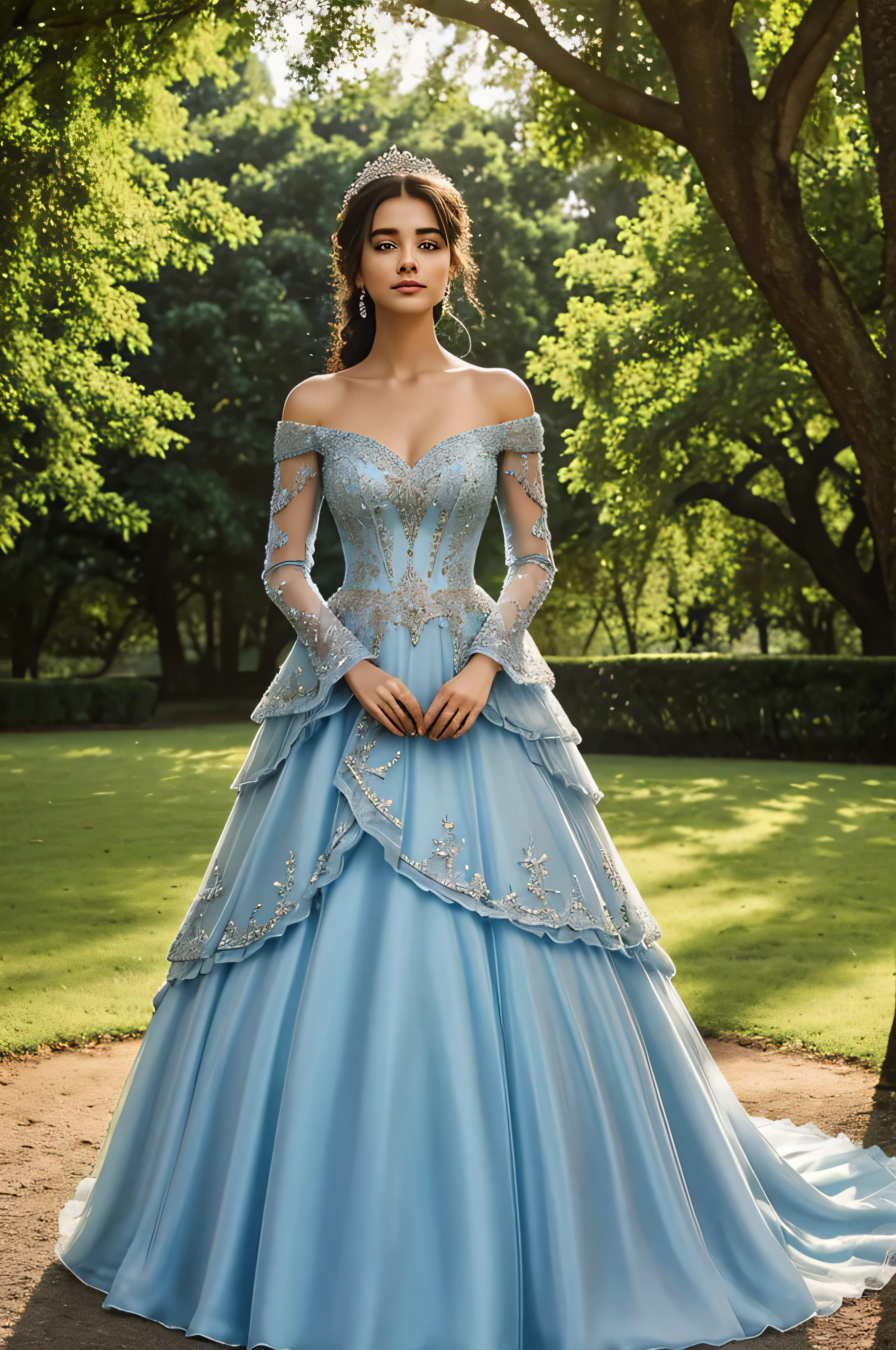  The image depicts an individual outdoors, leaning against a tree. They wear a voluminous light blue ball gown adorned with intricate silver embroidery and open sleeves.. The dress has multiple layers, creating a complete look. unfortunately, The person&#39;s face is hidden for privacy. If you have any other questions or need further assistance, Don&#39;t hesitate to ask! 😊

