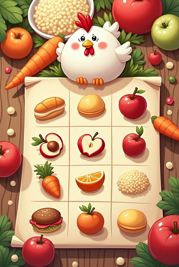 3x3 apple bingo card, Chicken, rice, carrot