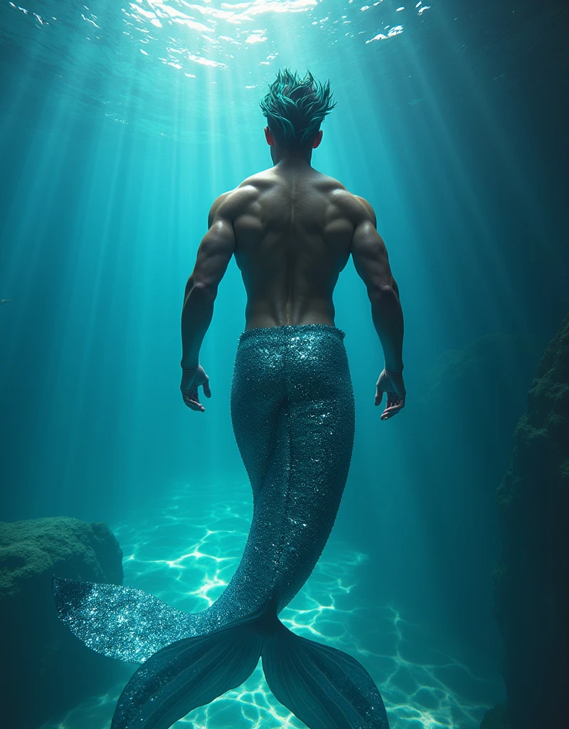 (masterpiece,Distinguished Quality,Mirror-like,Cinematic Experience, insanely detailed,absurdres),8k,full image shot), the shimmering, iridescent depths of an enchanted ocean, (1 male:1.6),mesmerizing sirens,(male, with mermaid tale:2.0),(male siren),(manly tale),(manly abs), (random hair), (random coloured hair),aquamarine eyes gleam with an otherworldly allure, shimmering, crystalline tail glimmers with a soft, ethereal light, beckoning sailors to their doom with a haunting, melodic song that echoes through the mystical, moonlit waves, Imagine the captivating, underwater scene!