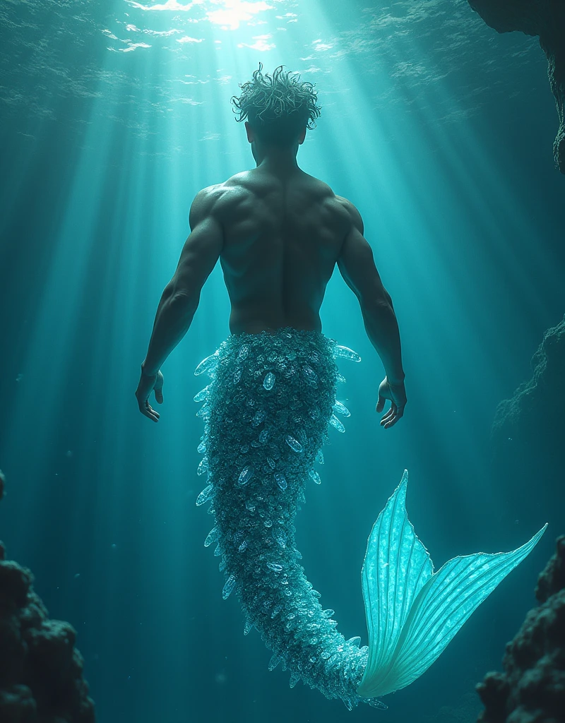 (masterpiece,Distinguished Quality,Mirror-like,Cinematic Experience, insanely detailed,absurdres),8k,full image shot), the shimmering, iridescent depths of an enchanted ocean, (1 male:1.6),mesmerizing sirens,(male, with mermaid tale:2.0),(male siren),(manly tale),(manly abs), (random hair), (random coloured hair),aquamarine eyes gleam with an otherworldly allure, shimmering, crystalline tail glimmers with a soft, ethereal light, beckoning sailors to their doom with a haunting, melodic song that echoes through the mystical, moonlit waves, Imagine the captivating, underwater scene!