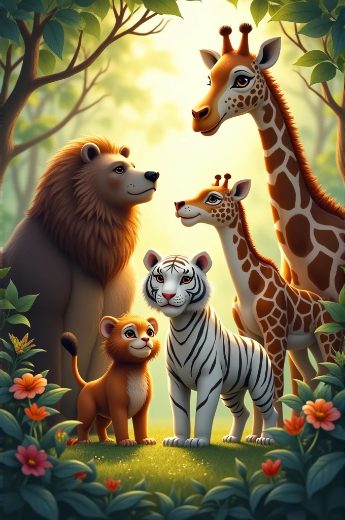 1 monkey 1 lion 1 white tiger 1 bear 1 giraffe