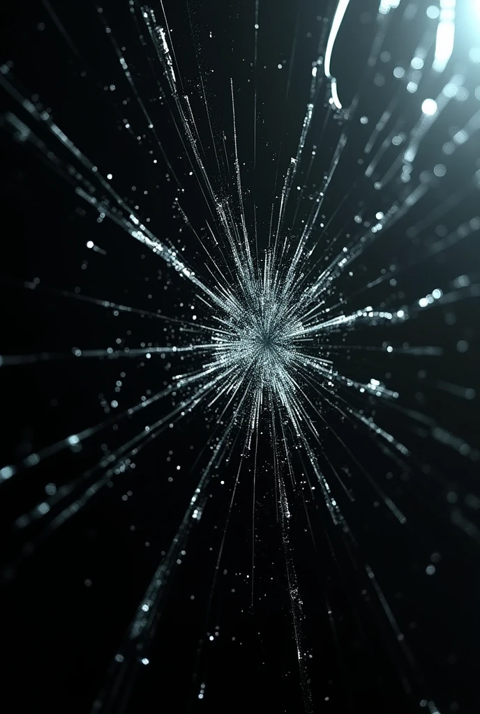 Black glass shattered by bullets, very close to the camera.