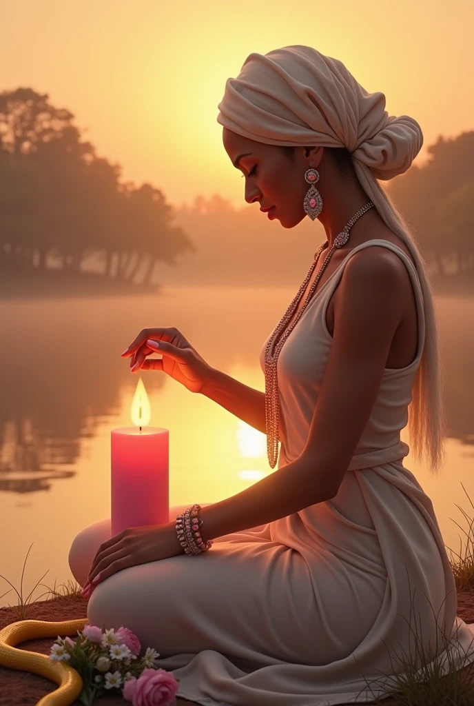 a transgender woman, appeared Hispanic, Caucasian skin, 4, slim, Bullish, almost no breast, wearing a light-colored religious turban, with light and clear clothes, wearing a religious necklace with pink dots, on his knees, with a countenance of respect and adoration, lights a pink candle next to a simple bouquet of white flowers, on the edge of a river source, beautiful and peaceful, on a beautiful sunset, with the reddish and yellow sky, with a beautiful and cozy mist, being watched by a beautiful and calm yellow and red snake.