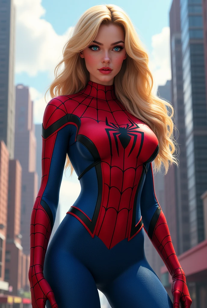 Blonde hair, Girl, blue eyes, spider-man suit, busty