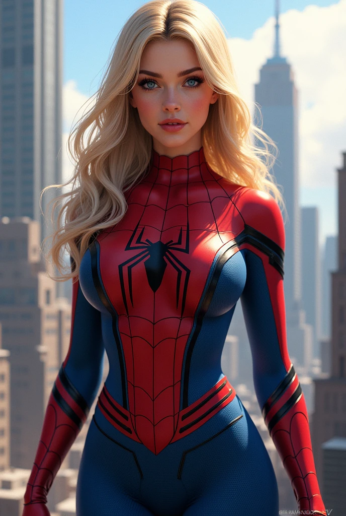 Blonde hair, Girl, blue eyes, spider-man suit, busty