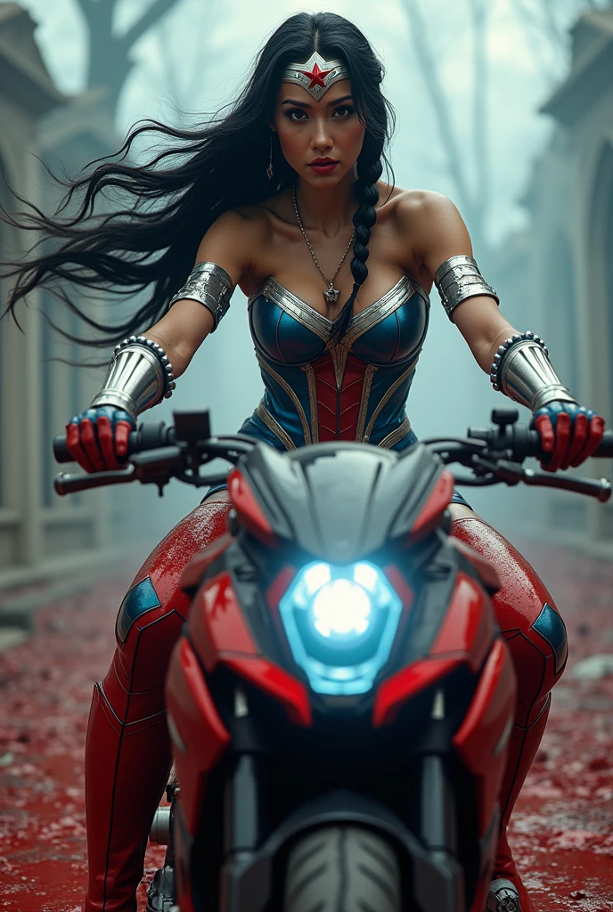 (((In extreme close-up, a beautiful woman riding a high-powered futuristic motorcycle (((Wonder Woman blue scale one-piece suit that covers her entire body))),(((Red corset Wonder Woman black hair tied in a ponytail in braid (((hair six feet long blowing in the wind))) Silver metal diaema with a red star on its forehead Long silver bracelets Long red boots above its knees Blood around it (((cursed cemetery))),(((Bloody and terrifying images of a high-displacement red motorcycle