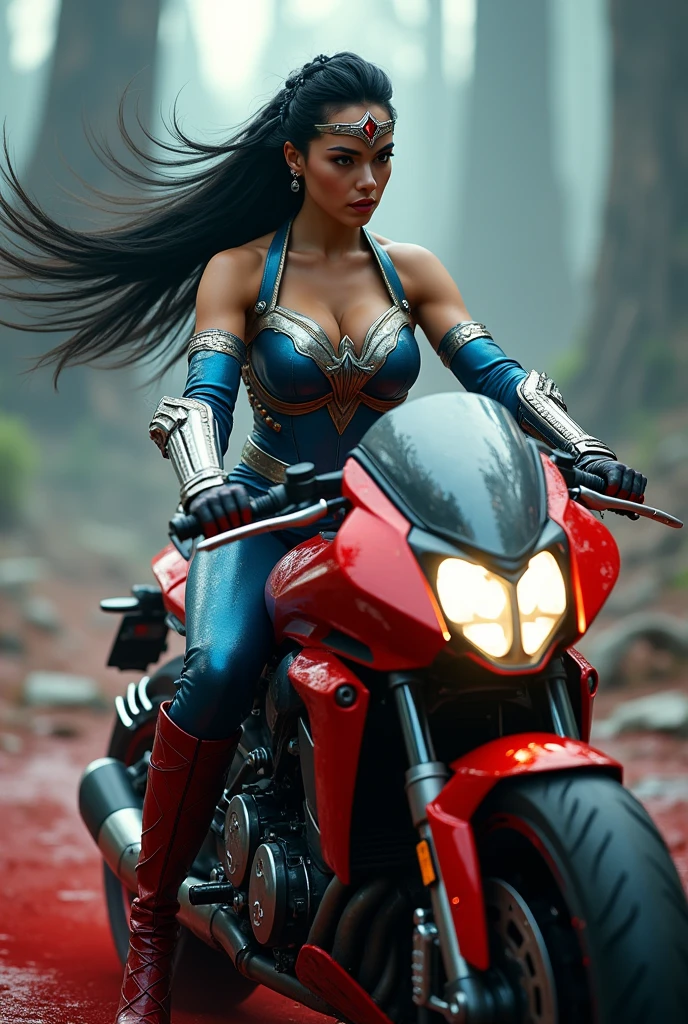 (((In extreme close-up, a beautiful woman riding a high-powered futuristic motorcycle (((Wonder Woman blue scale one-piece suit that covers her entire body))),(((Red corset Wonder Woman black hair tied in a ponytail in braid (((hair six feet long blowing in the wind))) Silver metal diaema with a red star on its forehead Long silver bracelets Long red boots above its knees Blood around it (((cursed cemetery))),(((Bloody and terrifying images of a high-displacement red motorcycle