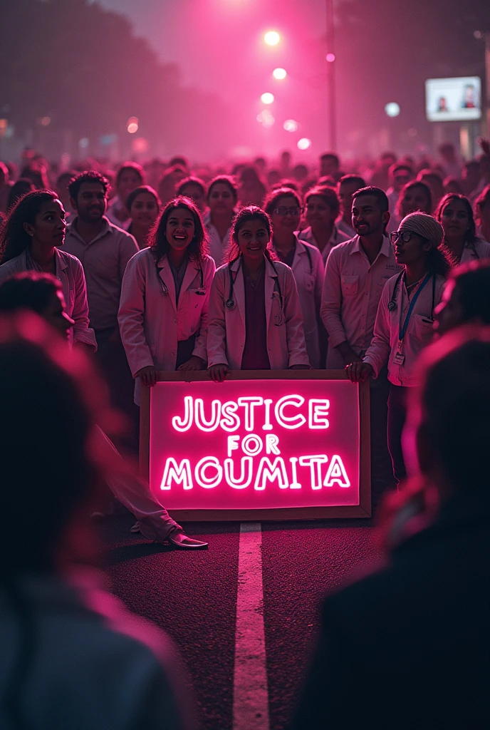 Bloody image with title 'Justice for moumita' and many doctors and crowd of peoples around the board on the road with pink and yellow light on their face #hang the rapiest . 